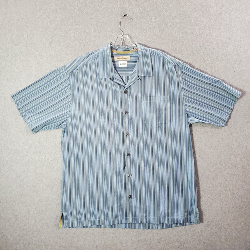 Tommy Bahama Men Button Up Shirt Large Blue Striped Collar 100% Silk Summer